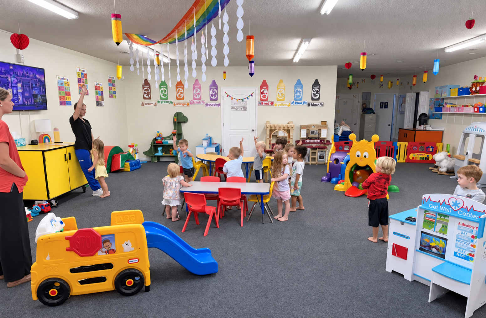 Children and staff together in Dayton’s Daycare playroom